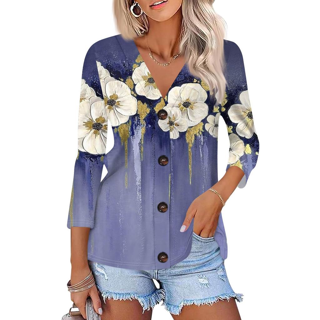 Women's Fashion Casual Printing Button-down Shirt 3/4 Long Sleeve Tops