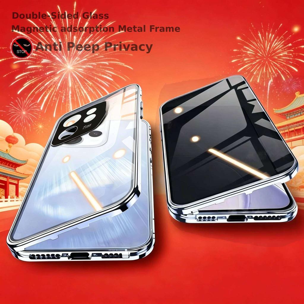Anti-gluurhoesje voor OPPO Reno13 Reno14 Pro, Dubbelzijdig Gehard Glas, Metalen Frame met Camera Beschermer Telefoon Bumpers