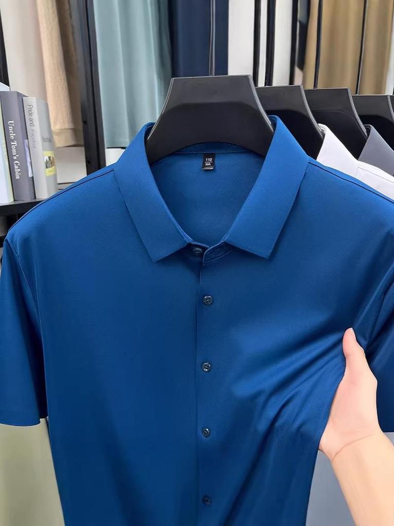 Pánská letní bezešvá košile s krátkým rukávem z ledového hedvábí - Prodyšná, jednobarevná, Business Casual, s krátkým rukávem.