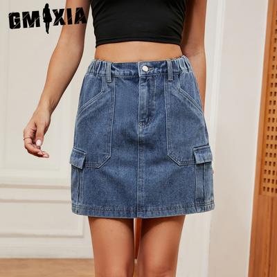 Women's Washed Elastic Waist Cargo Pocket Denim Short Skirt Skirt Trend