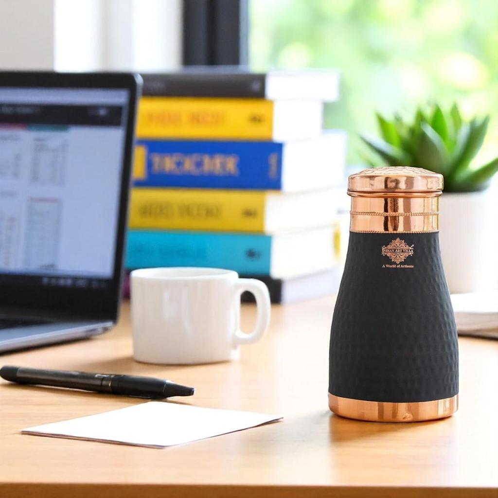 Pure Copper Bedroom Bottle with Inbuilt Glass, Grey Silk Finish Hammered Design, Volume-900 ML (Pack of 2)