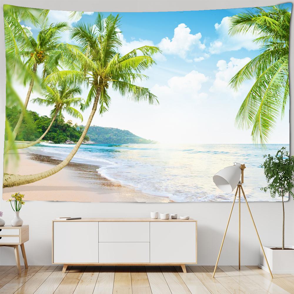 

Красивый морской пейзаж Гобелен Морской Винтажный Пляж Морской пейзаж Пальма Гобелен Настенные гобелены Бохо Спальня Настенный ковер W150xH130cm