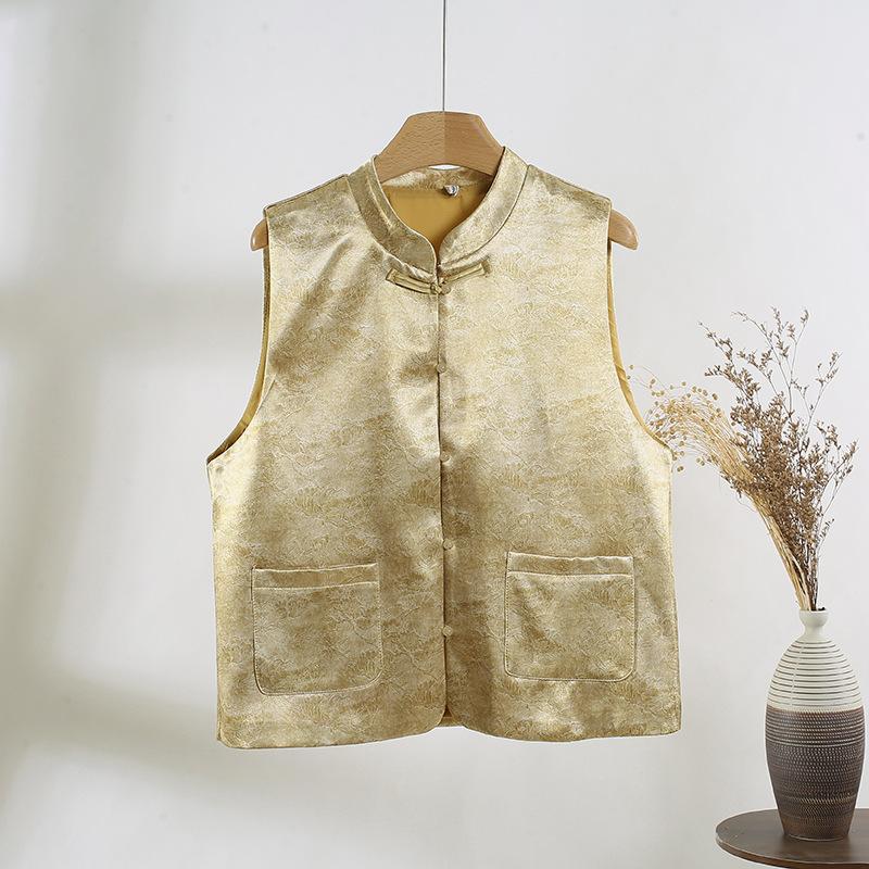 

Весенне-летняя новинка, темпераментный плетеный жилет с жаккардом золотого цвета, ретро-дзен, простой, со стойкой воротником и застежкой-диском, женский жилет XXXL [Recommended 138-75kg]