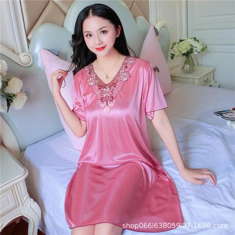 Women's Plus Size Short-Sleeve Lace Ice Silk Nightdress