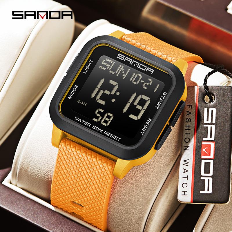 Sanda Student Sports Watch - Waterproof, Luminous Large Dial, Countdown Timer, Multifunction Alarm Clock, Square Electronic Design