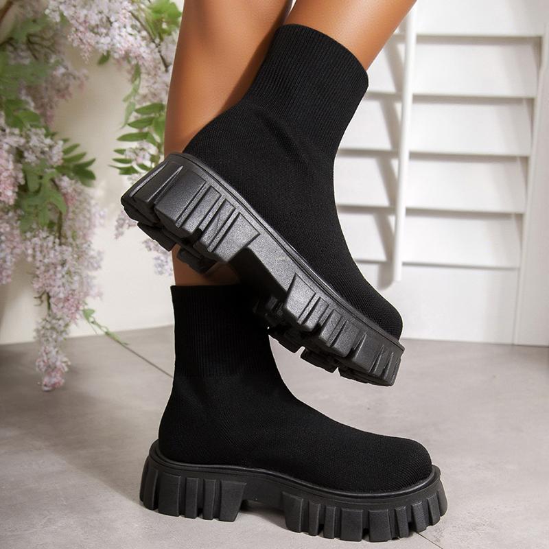 Fashion Fashion Black Slip On Platform Boots for Women Thick Sole Knitting Ankle Boots Woman Spring Autumn Comfort Non Slip Sock Booties