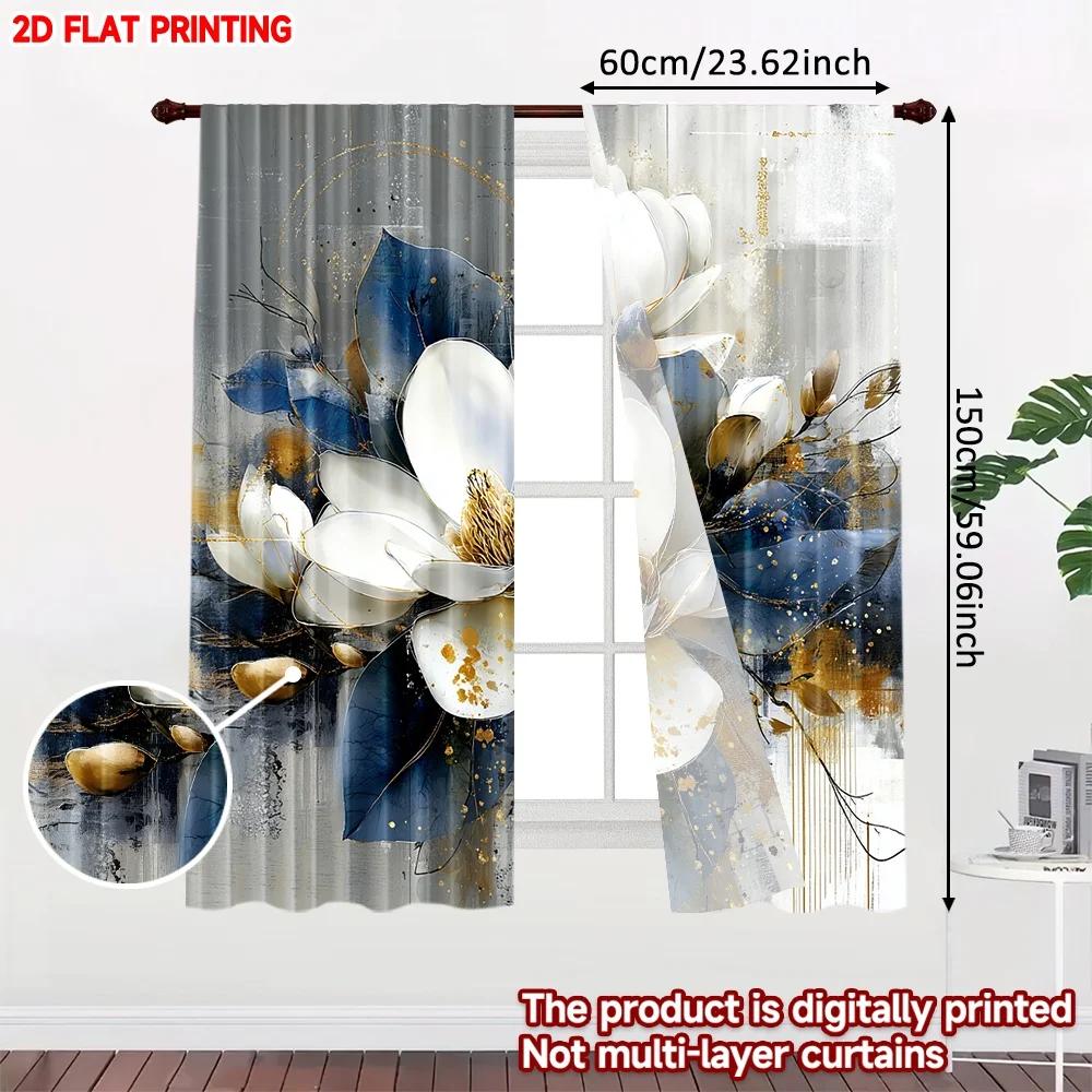 Blue White Floral Curtains Digital Printing Large Blossoms Golden Centers Dark Leaves Bedroom Decor Curtain Set Of 2 Elegant Made Polyester Washable