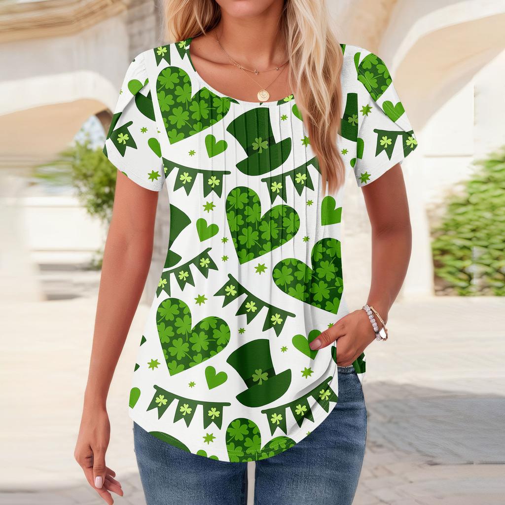 Womens Tops Petal Short Sleeve Summer Round Neck Shirts St. Patrick's Day Printing Blouses For Women Dressy Casual