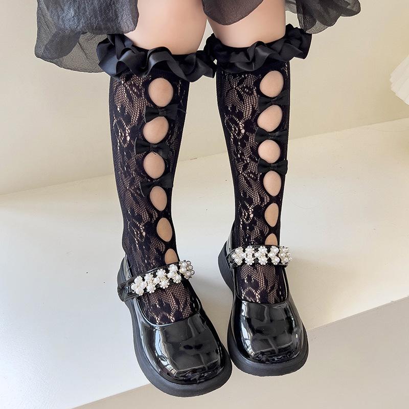 Children's Socks Summer Lolita Wooden Ear Mesh Ribbon Large Bow Mid-tube Socks for Girls