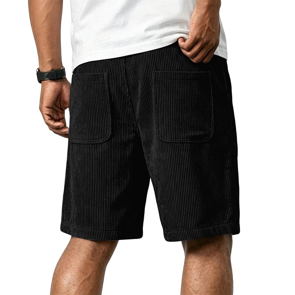 Men's Casual Corduroy Drawstring Shorts with Front Patch Pockets and Elastic Waistband Suitable for Everyday Wear and Outdoor Activities