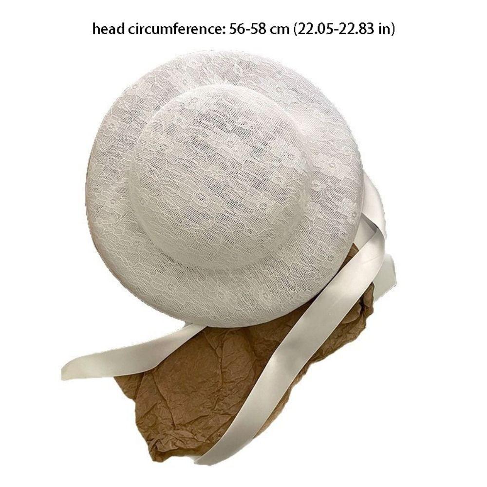 Fashion White Lace Tied Topper Hat Sunscreen Thin Lace Bonnet Hat Flat-top French Style Hepburn Style Formal Hat Streetwear