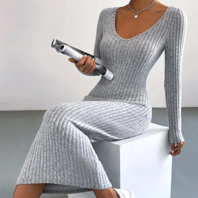 

Женское платье осень/зима, однотонное, с V-образным вырезом, длинными рукавами, запахом на бедрах XL светло-серый