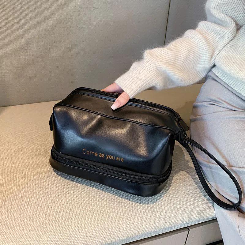 

WTEMPO Однотонные двухслойные косметички большой емкости водонепроницаемые портативные дорожные сумки косметичка на молнии 1pc чёрный