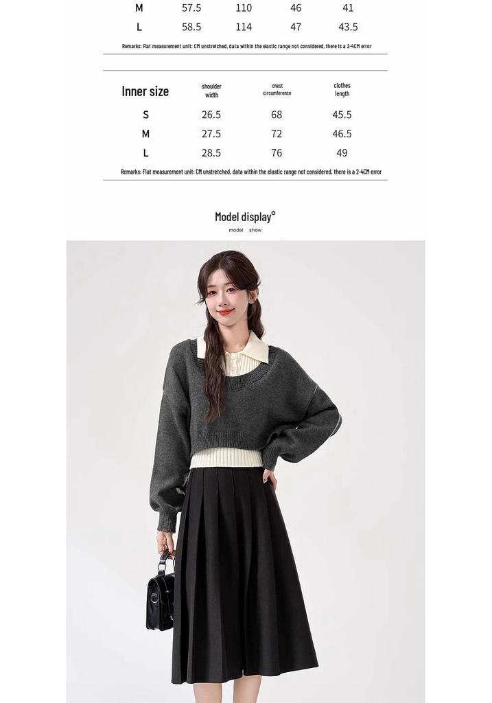 Women's Grey Knit Polo Shirt & Sleeveless Apricot Inner Layer Set, Spring/Autumn 2024 Collection.