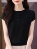 1116 New Summer Loose Women's Clothing Solid Color Round Neck Thin Short Sleeve Knitted Ice Silk Mulberry Silk Knitted Sweater Top