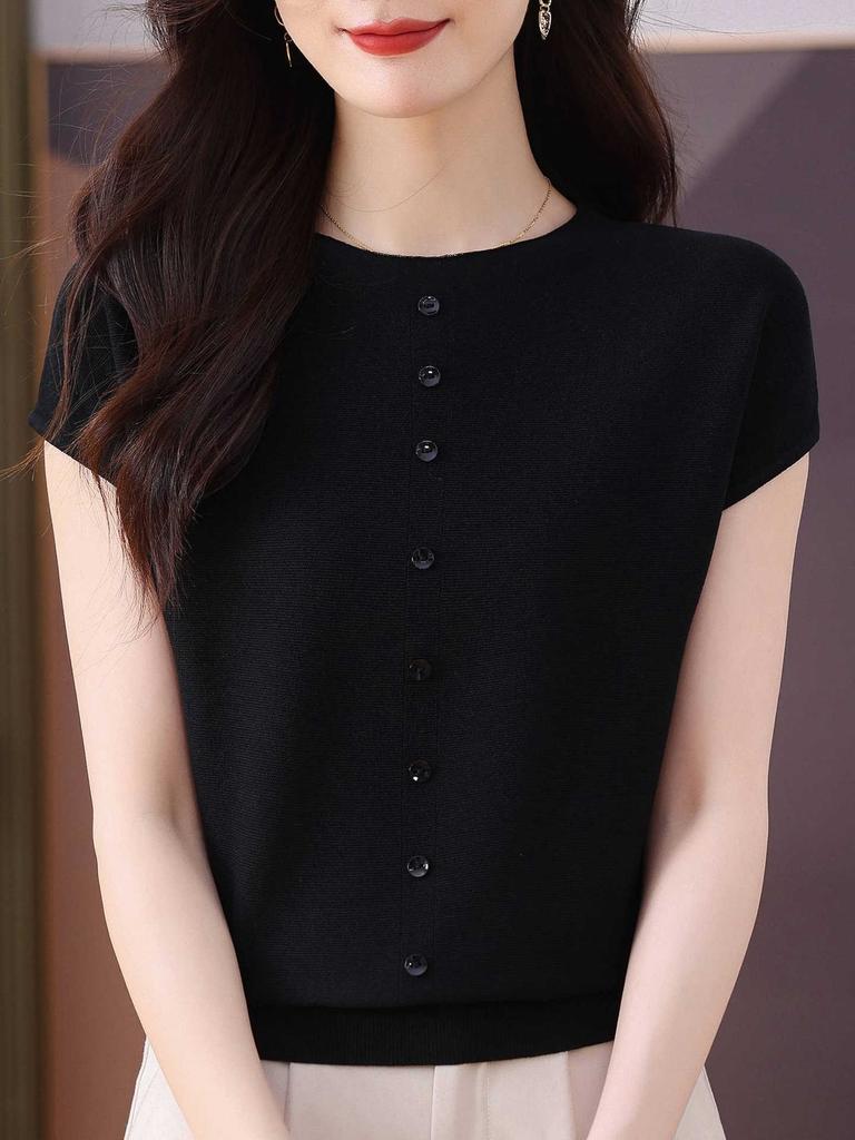 1116 New Summer Loose Women's Clothing Solid Color Round Neck Thin Short Sleeve Knitted Ice Silk Mulberry Silk Knitted Sweater Top