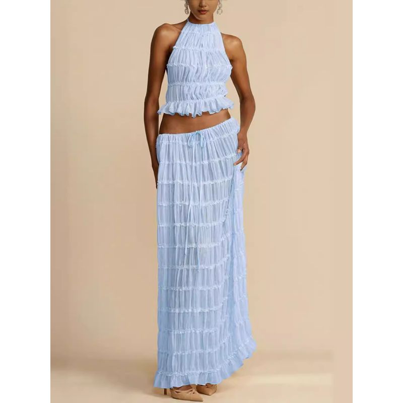 Sexy Neck Hanging Pleated Long Skirt Set Sexy Halter Ruched Long Skirt Suit