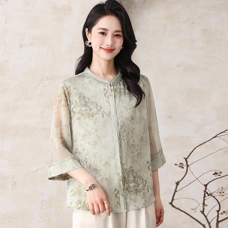 

2026 Chinese-Style Printed Loose Shirts for Middle-Aged & Elderly Mothers 4XL (suggests 145-165 jin) зелений