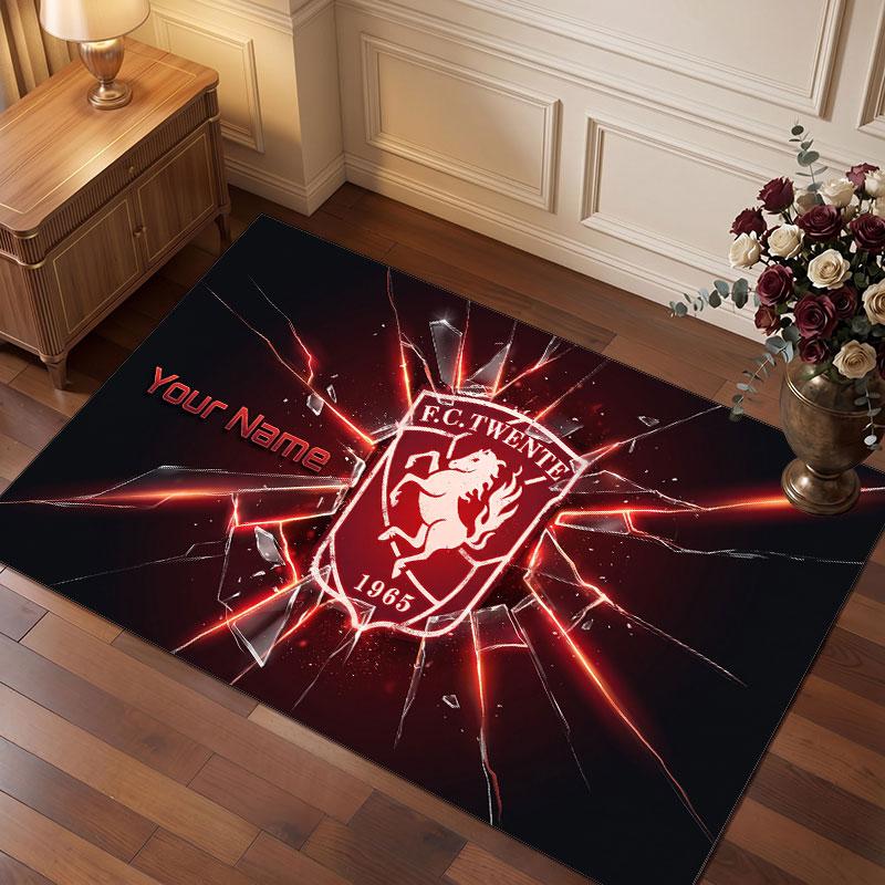 Tappeto in Cristallo di Velluto Personalizzato FC Twente, Stampa Testo Nome Personalizzato, Logo Calcio Morbido Antiscivolo Tappetino per Pavimento Decorazione Casa Regalo