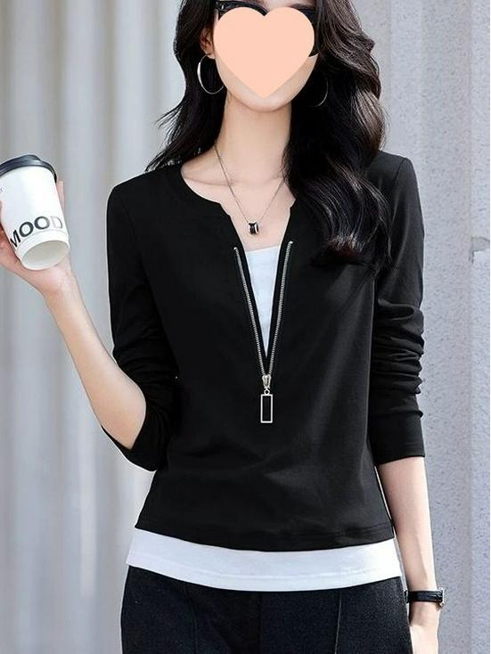 Women's V-Neck Zipper Long Sleeve Cotton Spliced Slimming Top for Spring and Autumn