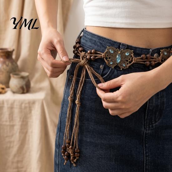 Braided Rope Waistband Bohemian Waist Belt for Women, Vintage Rhinestone Cord Handmade Ornament Chain, Adjustable Layered Belly Chain Dresses
