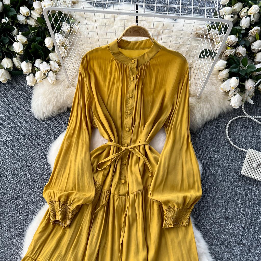 Frenchic Vintage Maxi Dress Women Stand Collar Lantern Sleeve Lace-up Female A-line Elegant Dresses Spring Autumn