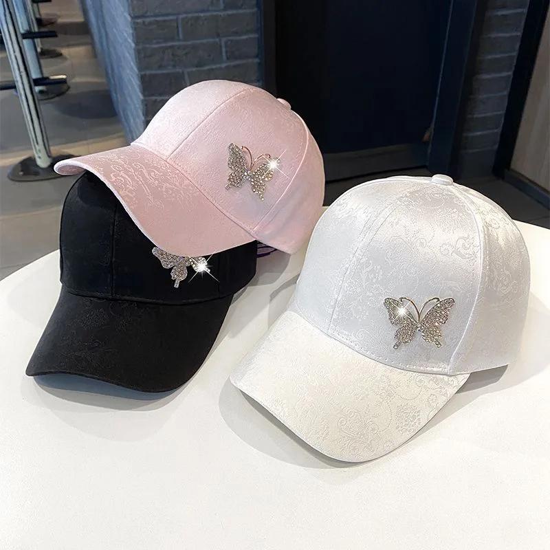 2025 New Ladies Summer New Versatile Cap Rhinestone Butterfly Sweat Absorbing Sunscreen Sun Hat Fashion Versatile Baseball Cap