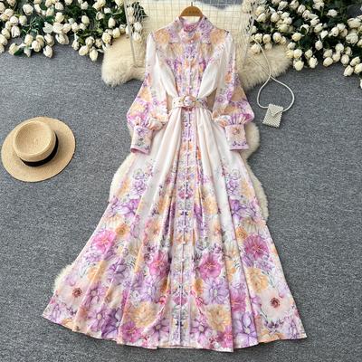 Spring Autumn Women Vintage Pink Floral Print Runway Dresses Full Sleeve Single Breasted Long Maxi Party Shirt Dress with Belt