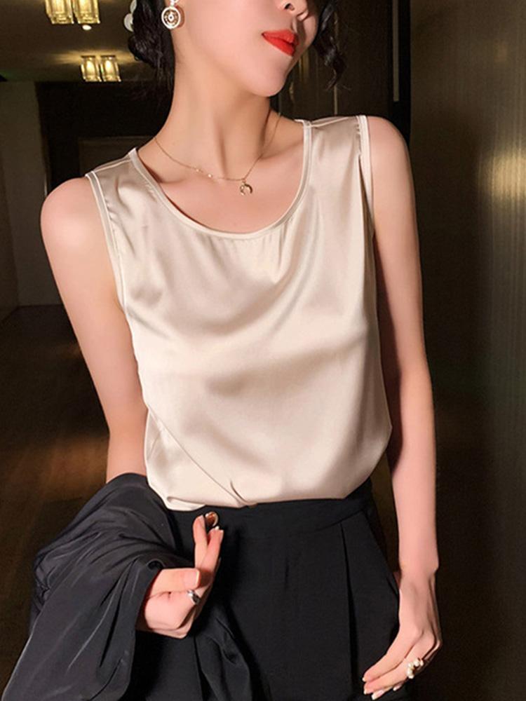Fashion Silk Thin Short Sleeve Tees Slip Woman Summer Clothes Elegant Tops Solid Loose Casual