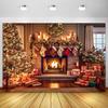 Weihnachtsbaum Blumenkranz Holz Geschenk Fotografie Hintergrund Fenster Kamin Feuer Weihnachten Neujahr Party Hintergrund Fotowand
