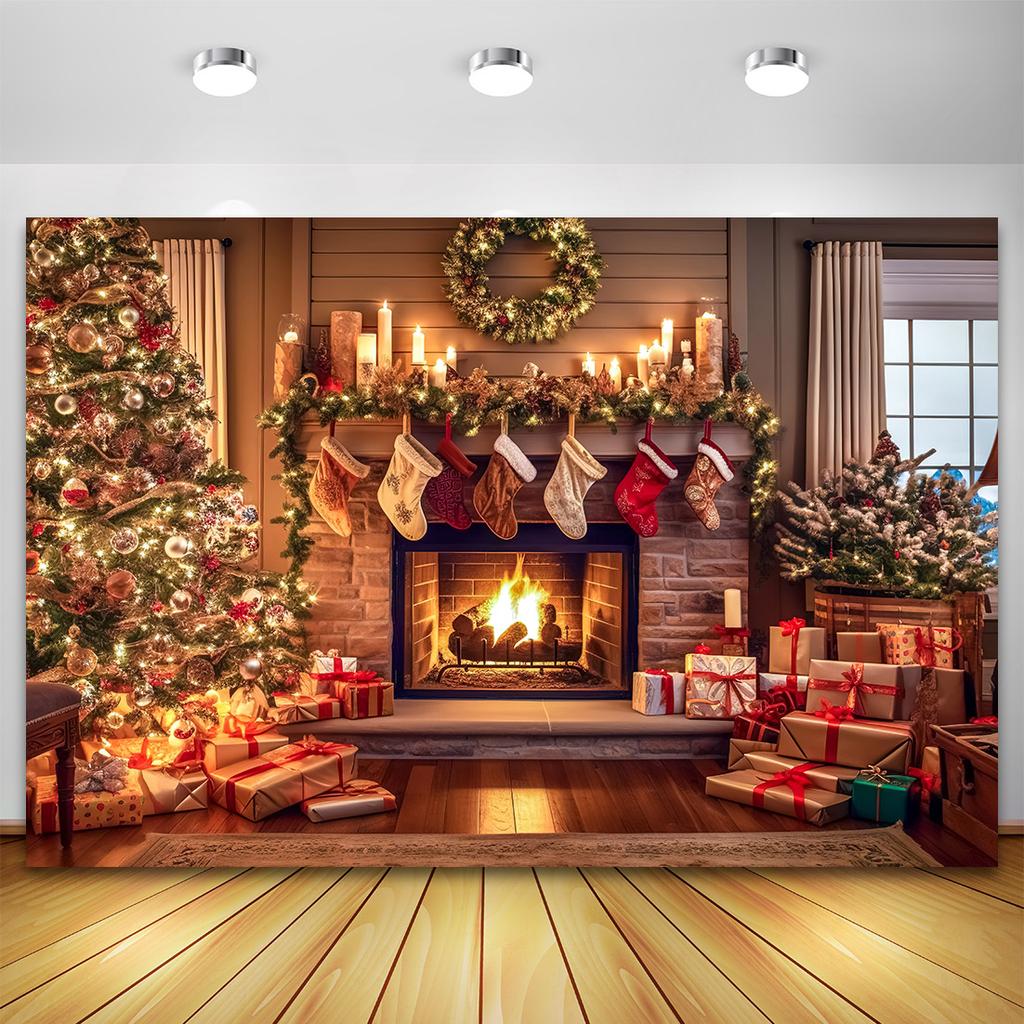 Weihnachtsbaum Blumenkranz Holz Geschenk Fotografie Hintergrund Fenster Kamin Feuer Weihnachten Neujahr Party Hintergrund Fotowand