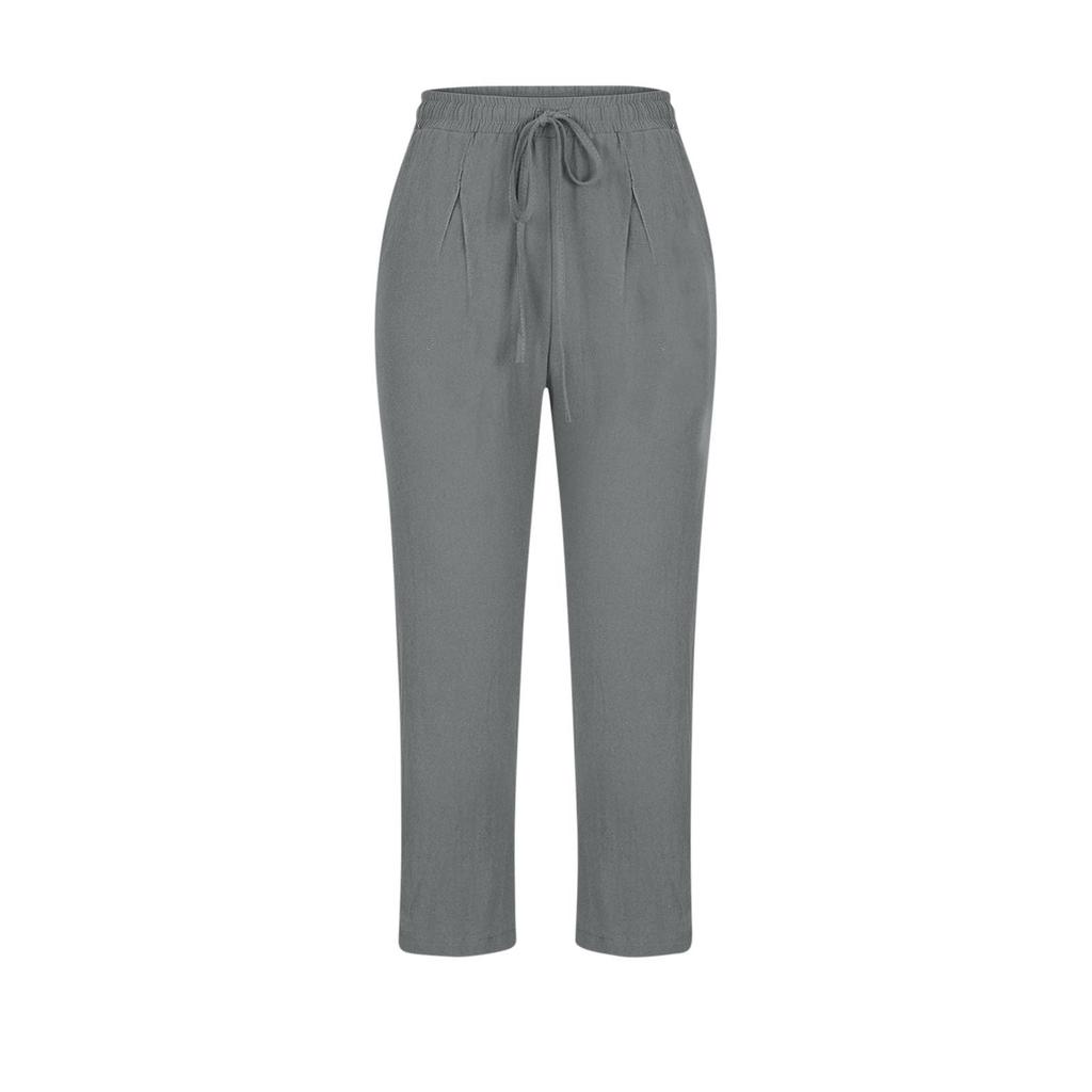 Pantalon droit décontracté pour femme en coton et lin avec cordon de serrage et taille élastique