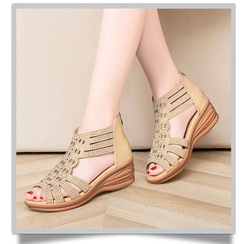 New Women Wedges Sandals Summer Comfortable Open Toe Sandals for Women Hollow Out Zipper Luxury Shoes for Mom Sandalias De Mujer