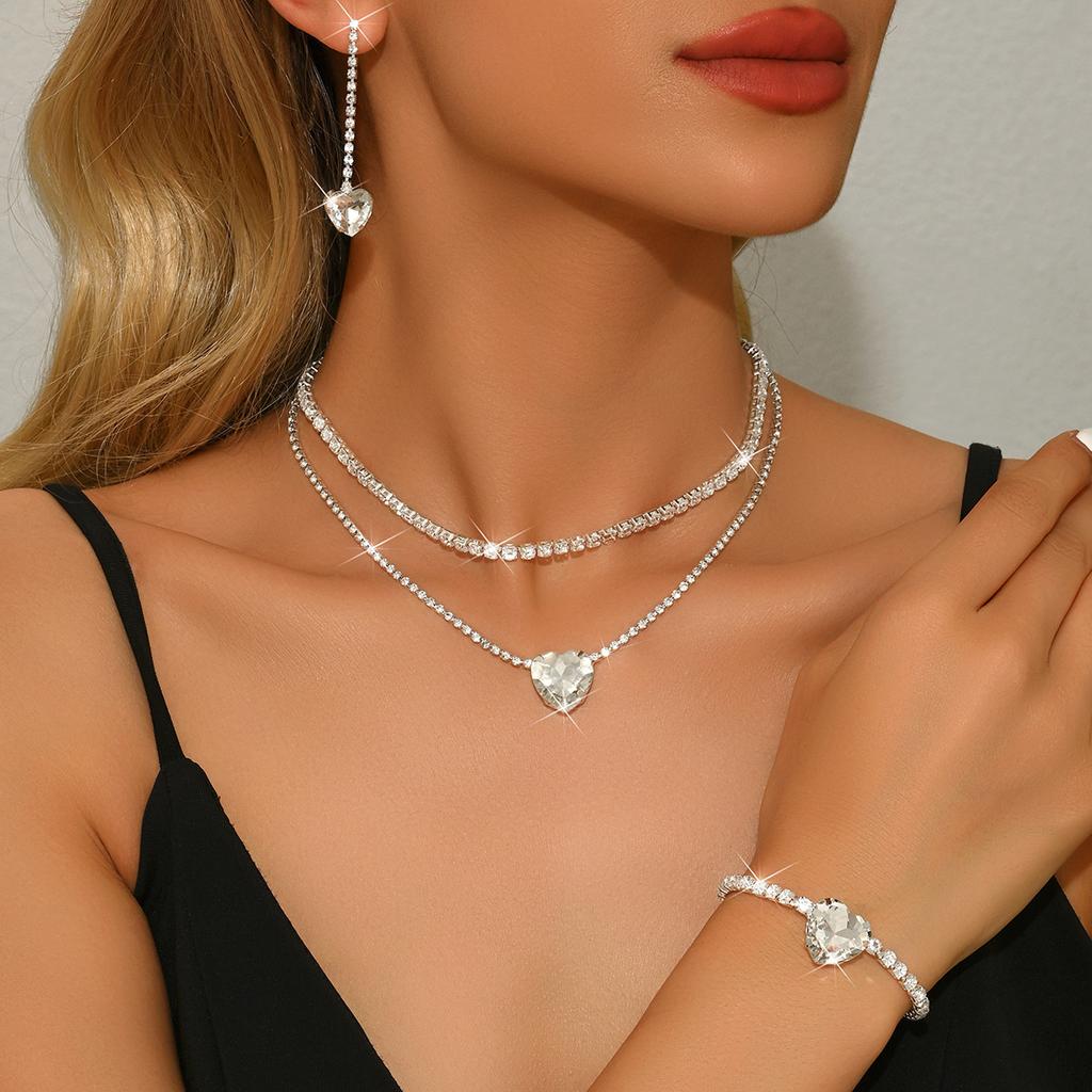 Jewelry Heart Rhinestone Necklace Earrings Bracelet Three-piece Set Fashion Bridal Set Dress Accessories Women's