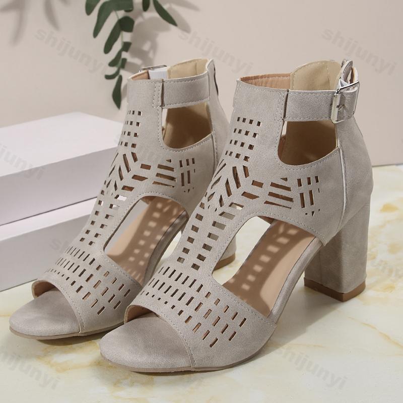 Women Strap Sexy High Heel Sandals Woman Roman Hollow Pumps Lace-up Peep Toe Sandals Casual Chunky High-heeled Sandals