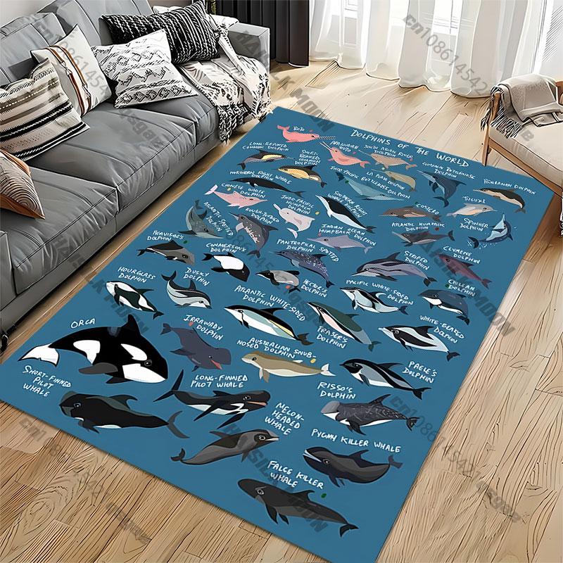 Diverse dolphin species illustrated carpet Yoga living room room decor children's crawling mat doormat area rug games mat