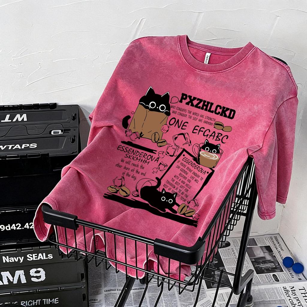 Damen Plus Size distressed gewaschene Baumwolle Kurzarm Retro Print lockeres T-Shirt
