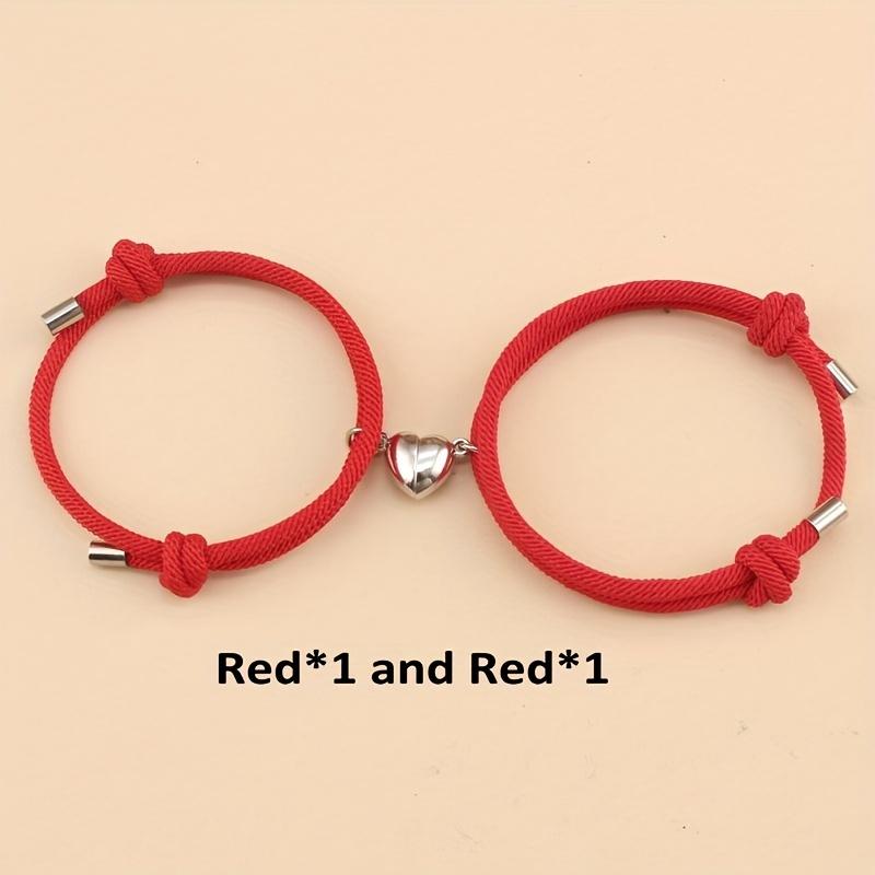 2pcs/set Magnetic Heart Charm Braided Rope Adjustable Bracelets For Couples, Holiday Birthday Gift For Boyfriends / Girlfriends