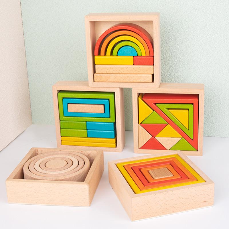 Beechwood Rainbow Stacking Blocks: Educational Toy for Color and Shape Recognition in Kindergarten Children