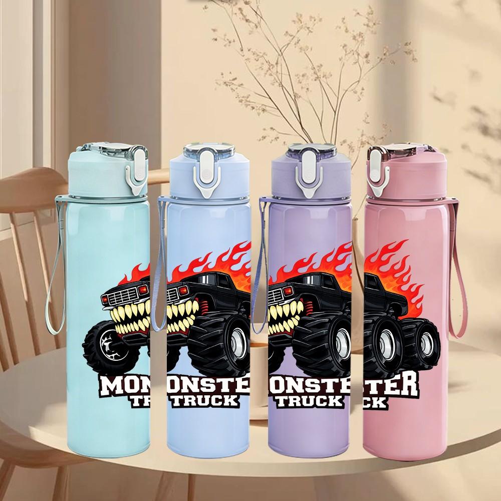 1PC Monster Truck Fire Flame Sport Print 750ml Color Plastic Sports Water Bottle Leakproof Flip Straw Lid Suitable for Sports Office Home Use