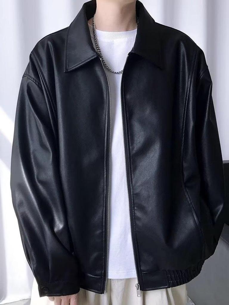 Men's Trendy PU Leather Motorcycle Jacket - Autumn/Winter Casual Korean Style with Lapel and Long Sleeves