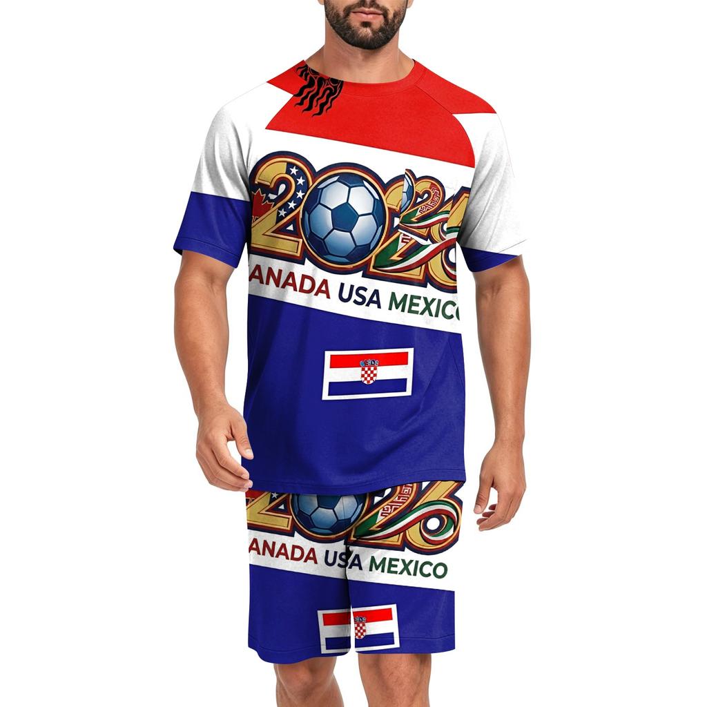 Men's Short Sleeve Top and Shorts Set Lightweight Soft Fabric Casual Sleepwear Printed Sports Style Lounge Pajama Set for Summer