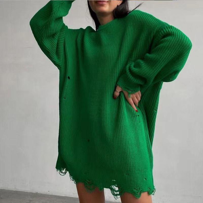 

Fashion Wind Autumn and Winter round Neck Irregular Ripped Sweaters Dress Sweater Knitted Dress Round neck Green S
