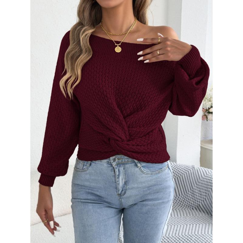 European American Casual Solid Color Off Shoulder Knot Long Sleeve Women Sweater