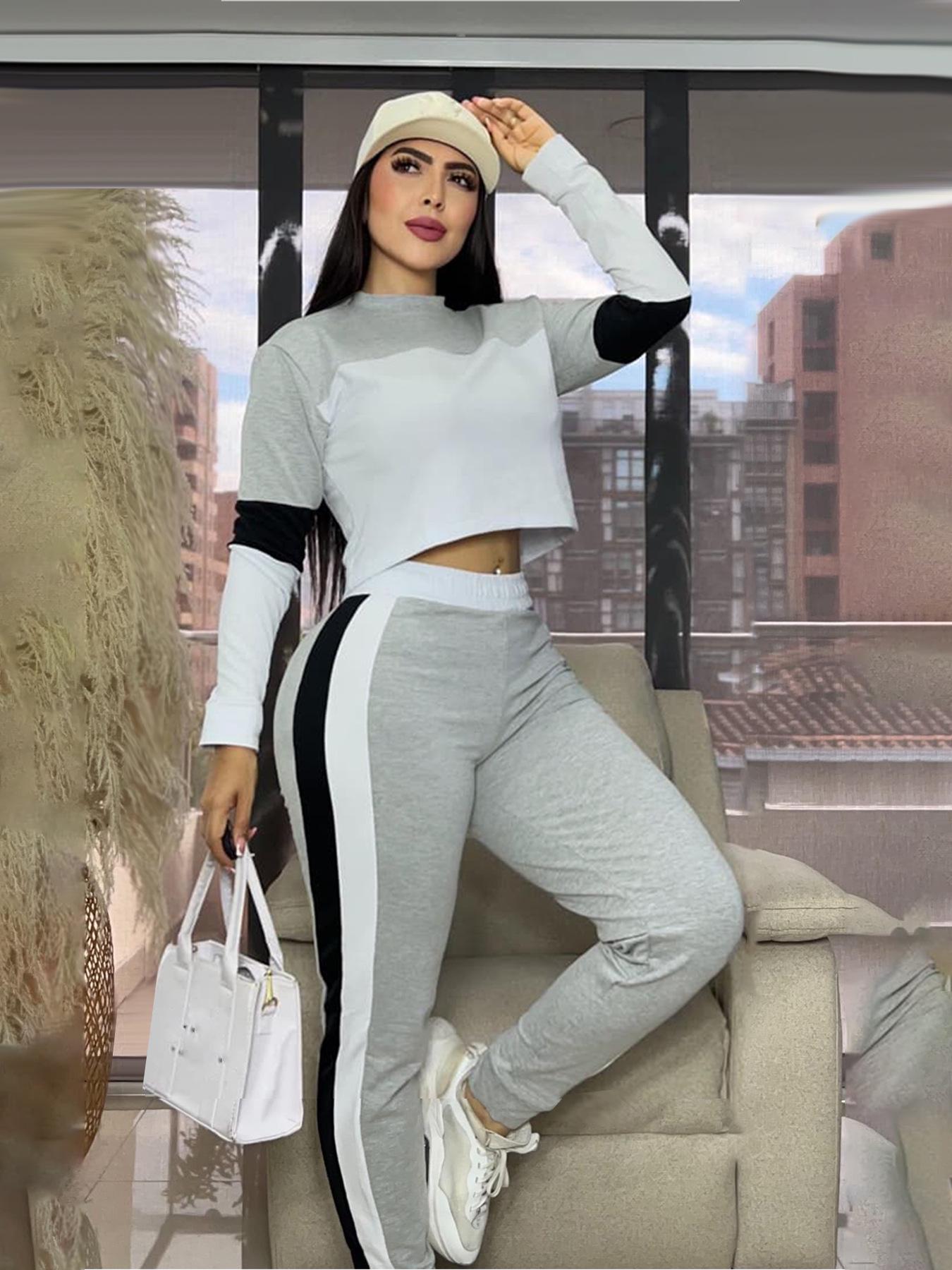 

TW776 Women s Color Block Patchwork Street Style Two-Piece Set: Long Sleeve Top & Casual Pants S сірий колір