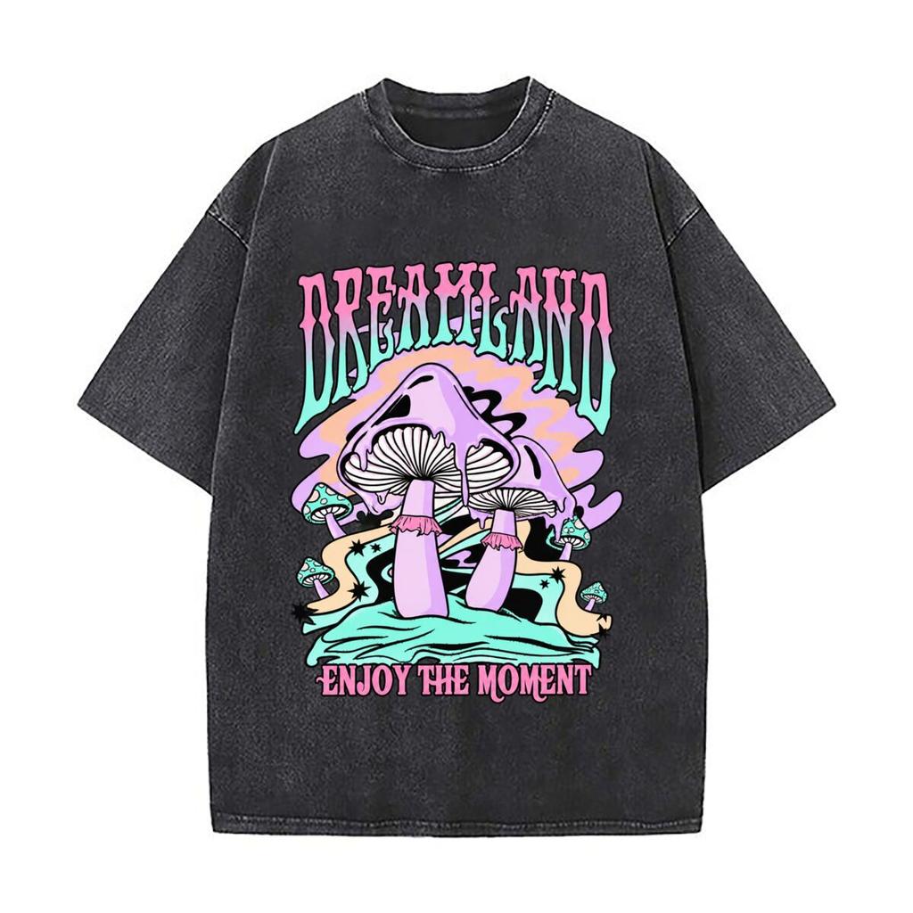 DREAMGONNA Enjoy The Moment Psychedelic Mushroom Stars Vintage Distressed Loose Streetwear Tops for Campus Days