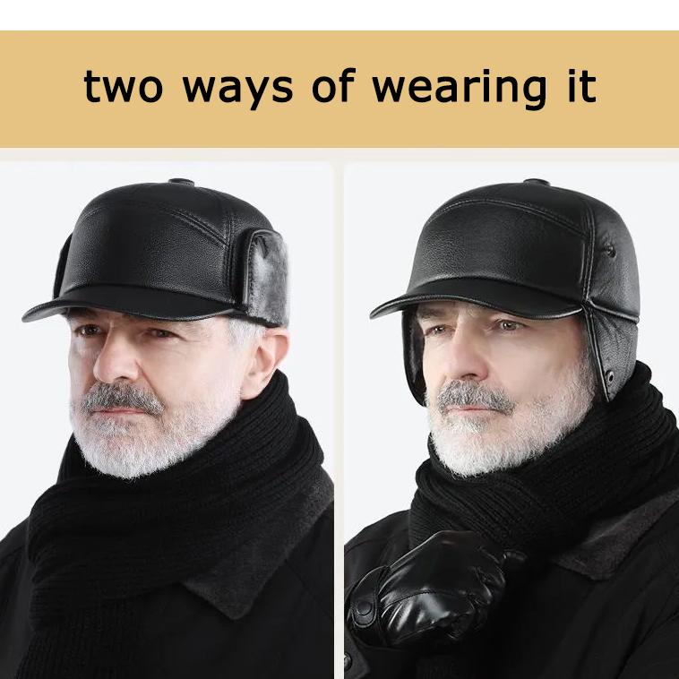 WTEMPO Autumn Winter Faux Leather Warm Plush Peaked Caps Men's Solid Color Large Versatile Casual Thick Cold-proof PU Hats