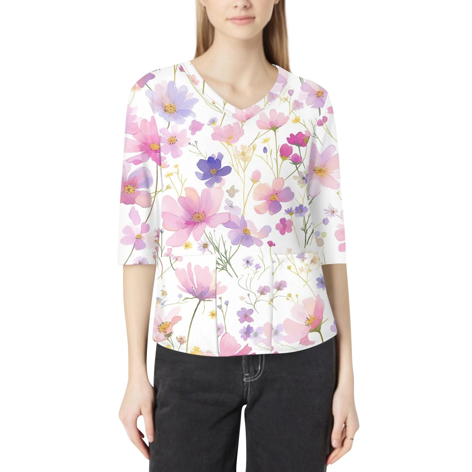 

Модная женская рабочая одежда с v-образным вырезом и рукавами 3/4, свободные топы с карманами и принтом L горячий розовый