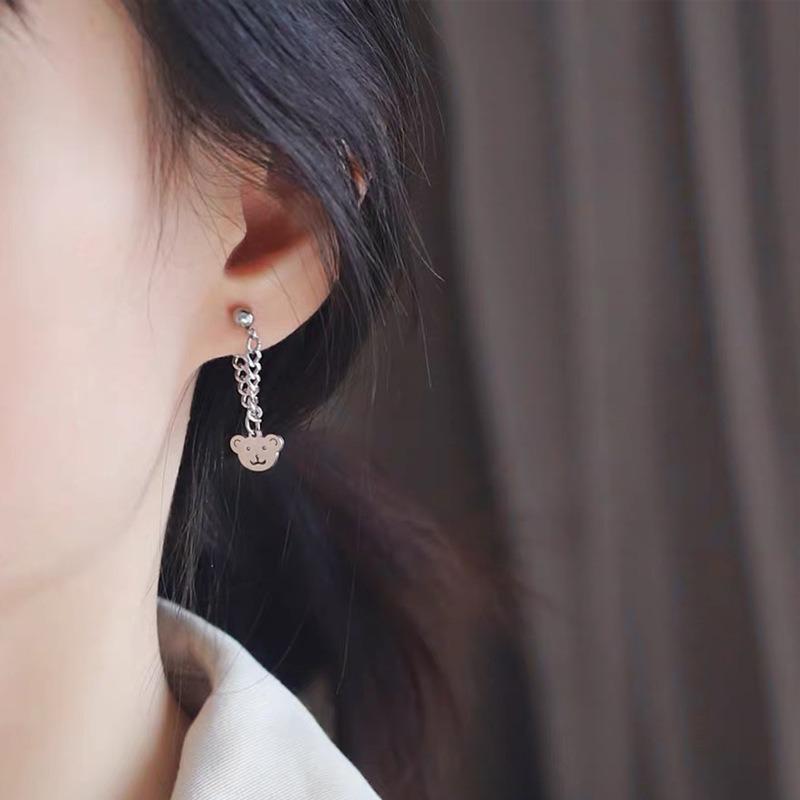New Hip Hop Trendy Hiphop Bear Stud Earrings Sweet Cool Chain Long Earrings Women's Personality Earrings