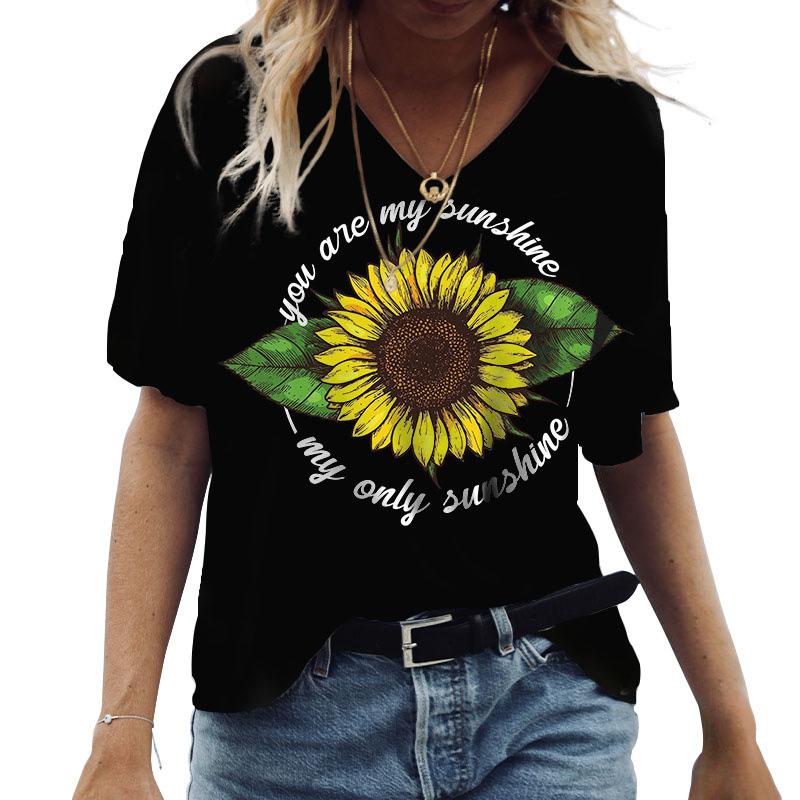 Verão Manga Curta Decote V Nova Blusa Camiseta Casual Feminina Girassol Estampa 3D